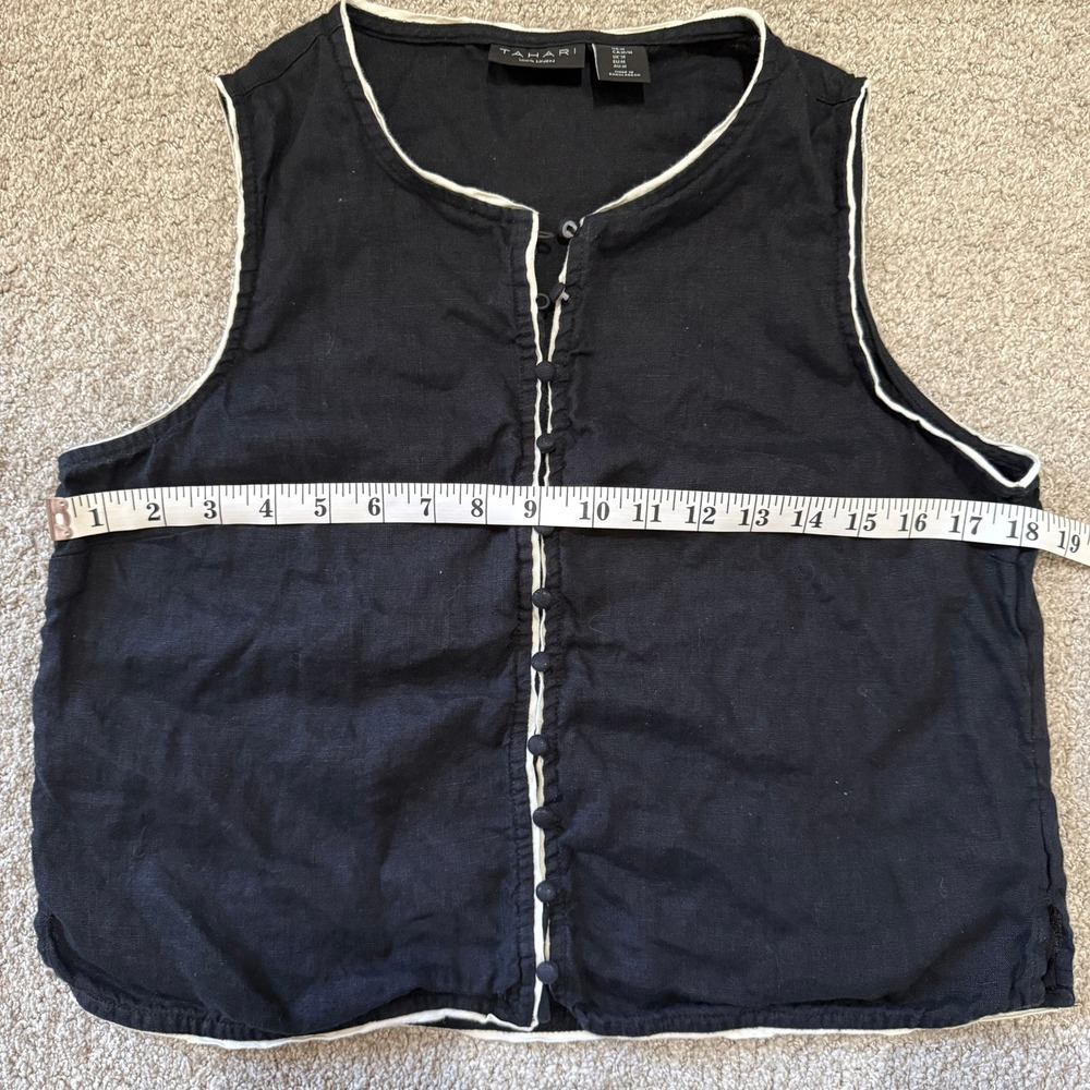 Tahari Black 100% Linen Button Front Vest Top Medium Minimal Elegant Old Money - Picture 8 of 9